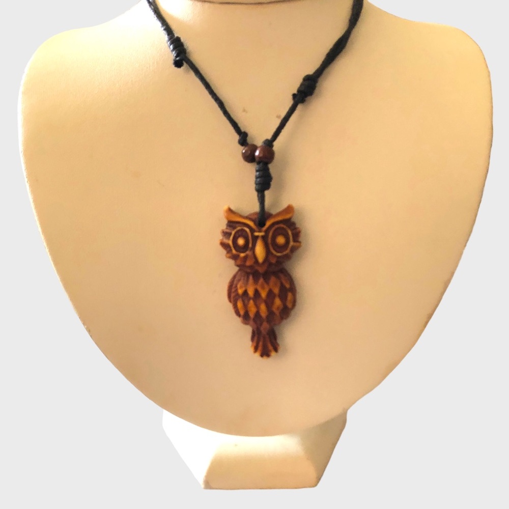 Owl Carving Pendant Owl Resin Adjustable Black Wax Line Necklace Large piece